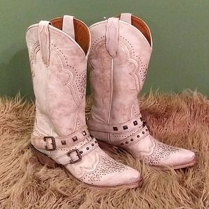 New Dan Post Womens Distressed Leather Cowboy Boots Antique White